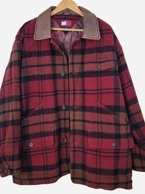 Vintage Tommy Hilfiger Heavyweight Plaid Wool Coat with Leather Collar